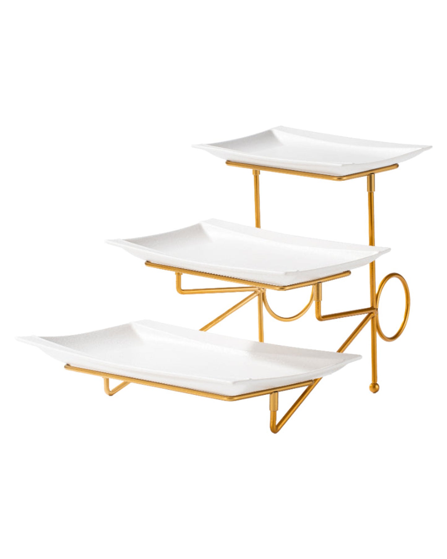Shallow Elegant Porcelain 3 Tier White Plate with Gold Stand (Small Plate 23cm, Mid Plate 28cm, Large Plate 33cm)