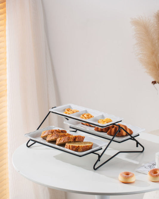 Shallow Elegant Porcelain 2 Tier Rectangle White Plate with Black Stand (Small Plate 33cm, Large Plate 36cm)