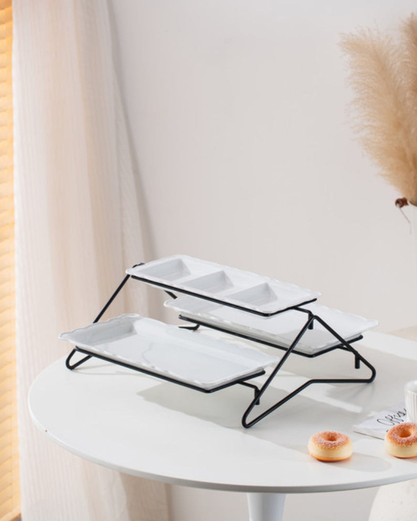 Shallow Elegant Porcelain 2 Tier Rectangle White Plate with Black Stand (Small Plate 33cm, Large Plate 36cm)