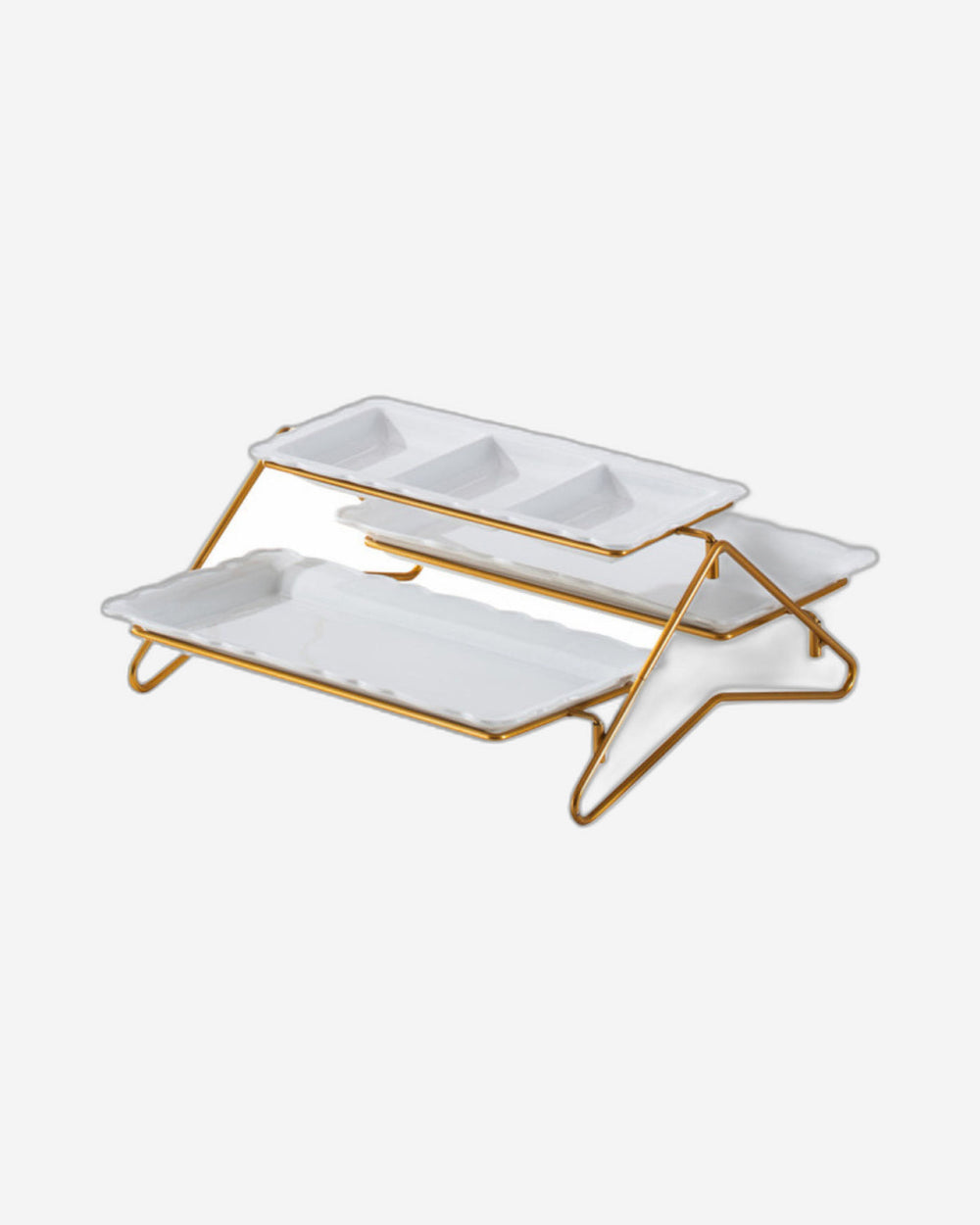 Shallow Elegant Porcelain 2 Tier Rectangle White Plate with Gold Stand (Small Plate 33cm, Large Plate 36cm)