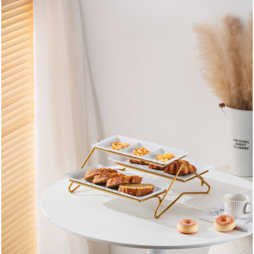 Shallow Elegant Porcelain 2 Tier Rectangle White Plate with Gold Stand (Small Plate 33cm, Large Plate 36cm)