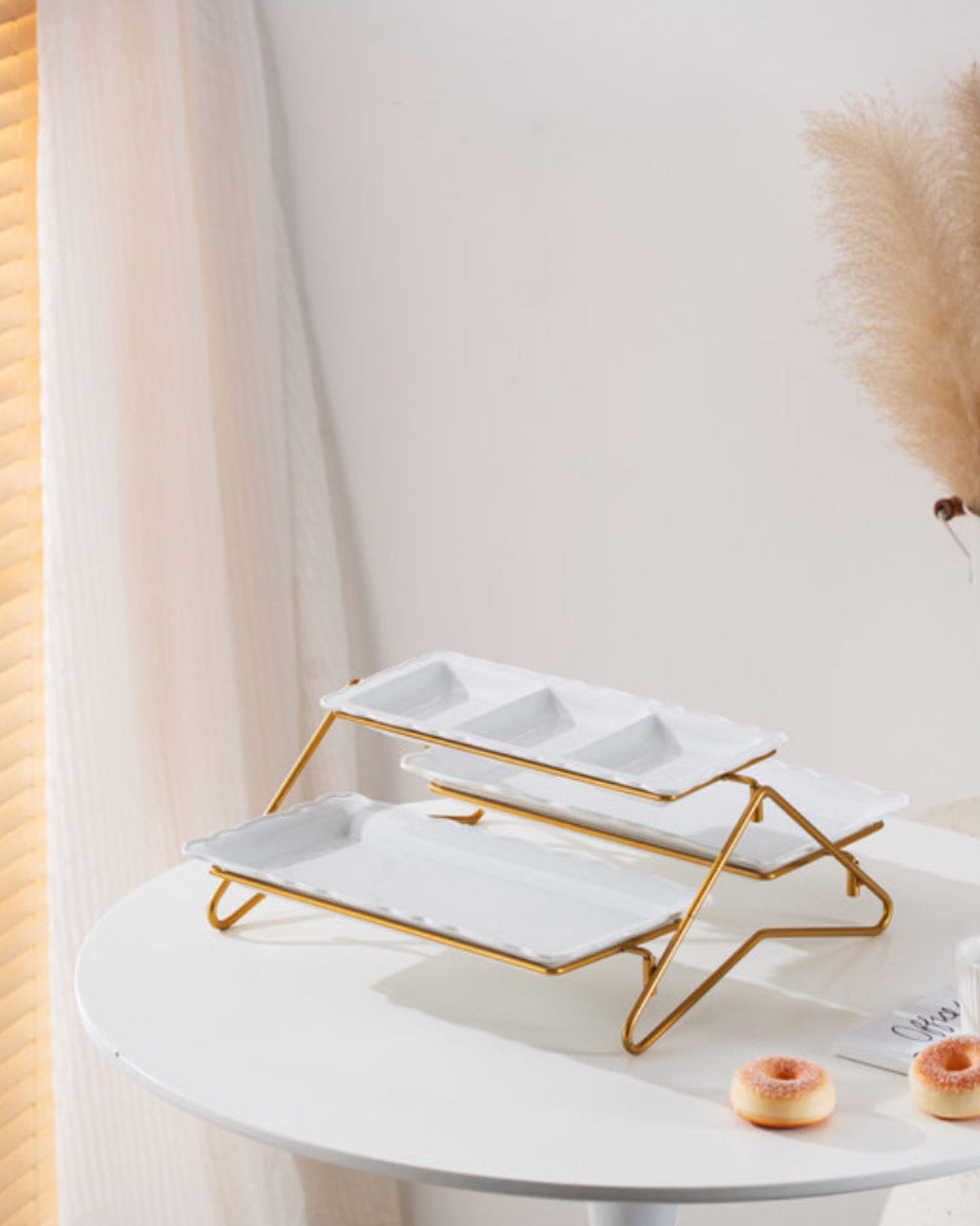 Shallow Elegant Porcelain 2 Tier Rectangle White Plate with Gold Stand (Small Plate 33cm, Large Plate 36cm)