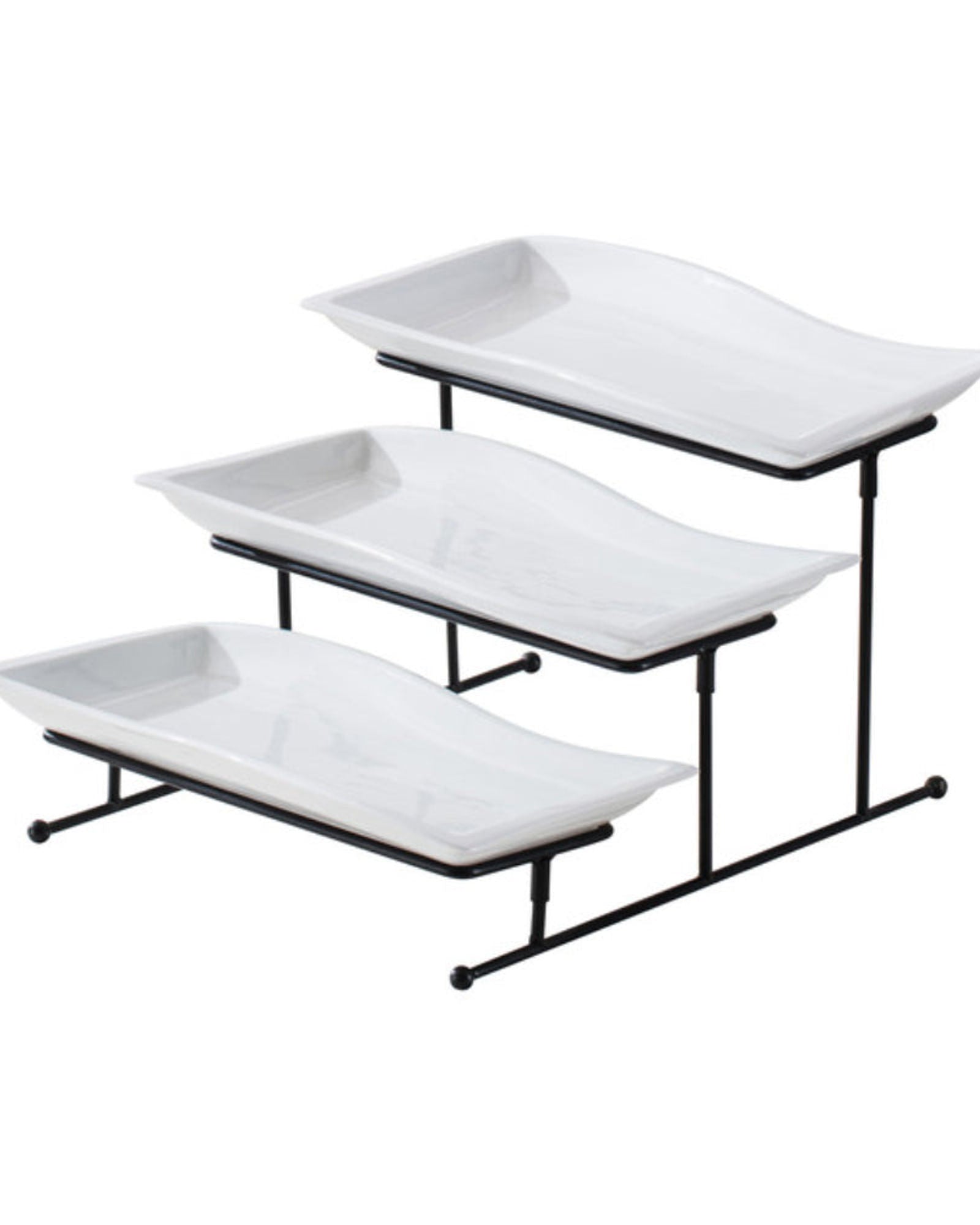 Shallow Elegant Porcelain 3 Tier Rectangle White 33cm Plate with Black Stand