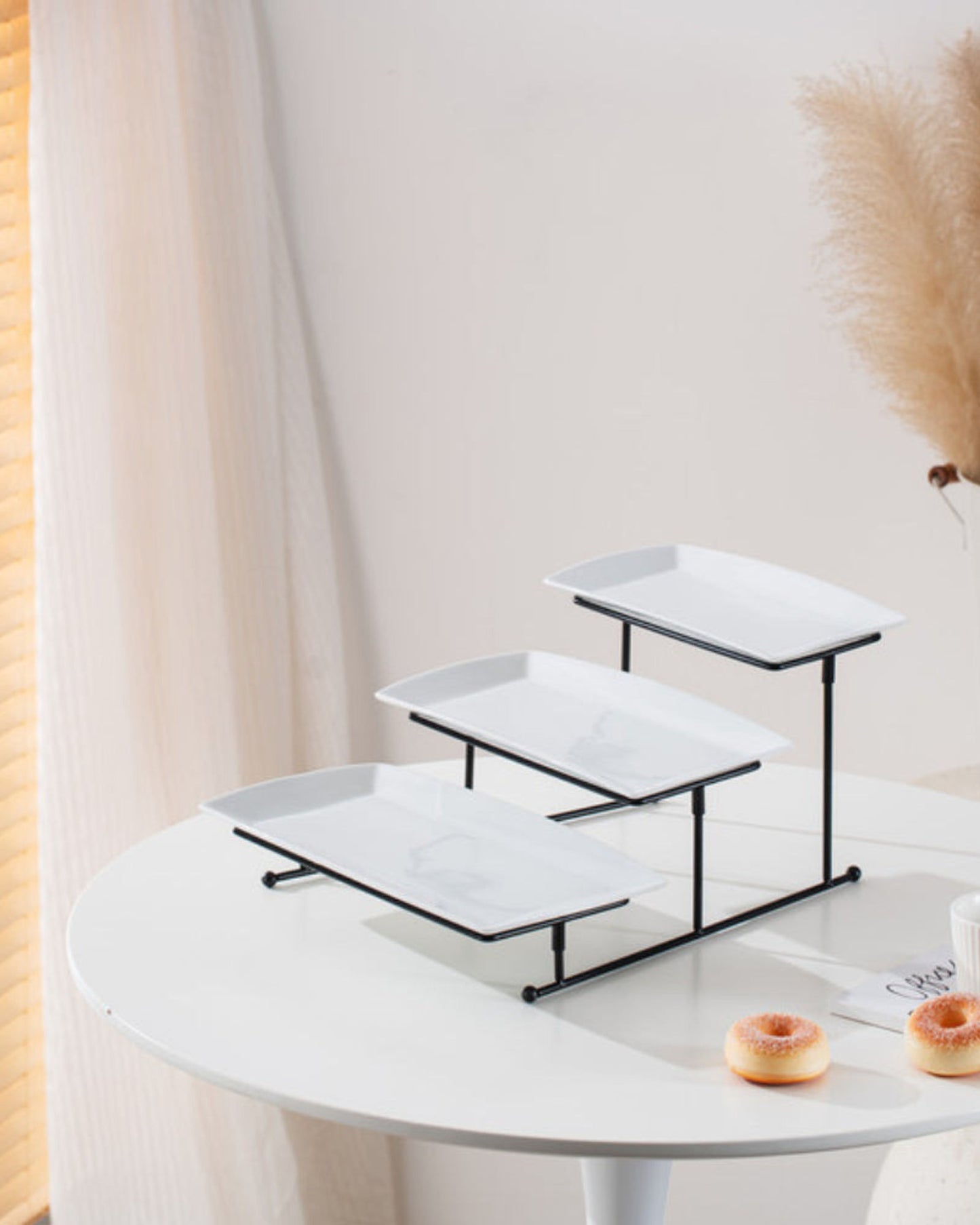 Shallow Elegant Porcelain 3 Tier Rectangle White Plate with Black Stand (Small Plate 27cm, Mid Plate 31cm, Large Plate 35cm)