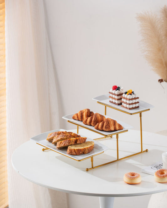 Shallow Elegant Porcelain 3 Tier Rectangle White Plate with Gold Stand (Small Plate 27cm, Mid Plate 31cm, Large Plate 35cm)