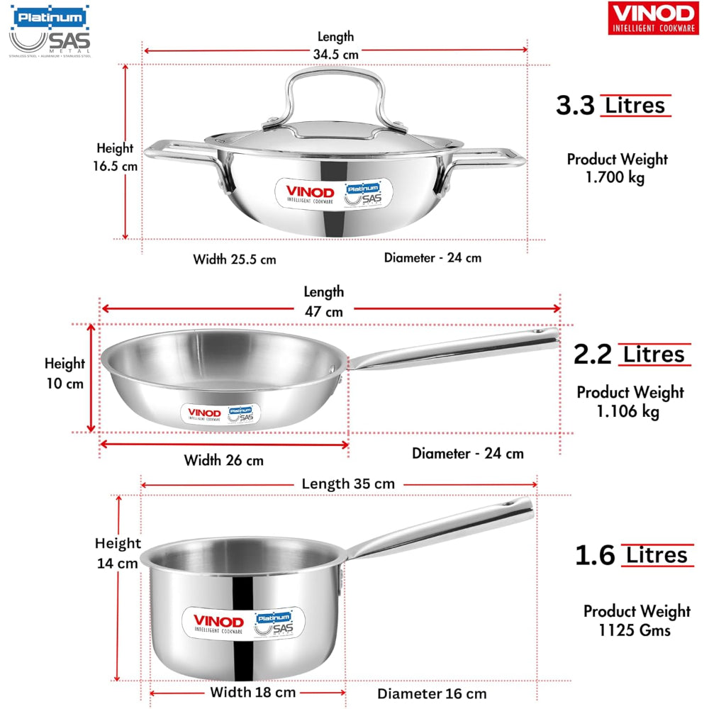 Vinod Platinum Triply Stainless Steel Cookware Set - 4 Pc, Kadai (24cm, 3.3l), Frypan (24cm, 2.2L) with Common Lid, Saucepan (16 cm, 1.6L)