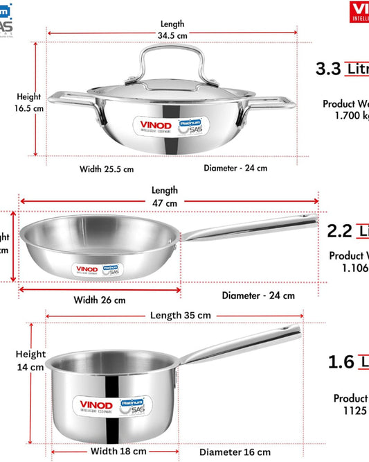 Vinod Platinum Triply Stainless Steel Cookware Set - 4 Pc, Kadai (24cm, 3.3l), Frypan (24cm, 2.2L) with Common Lid, Saucepan (16 cm, 1.6L)