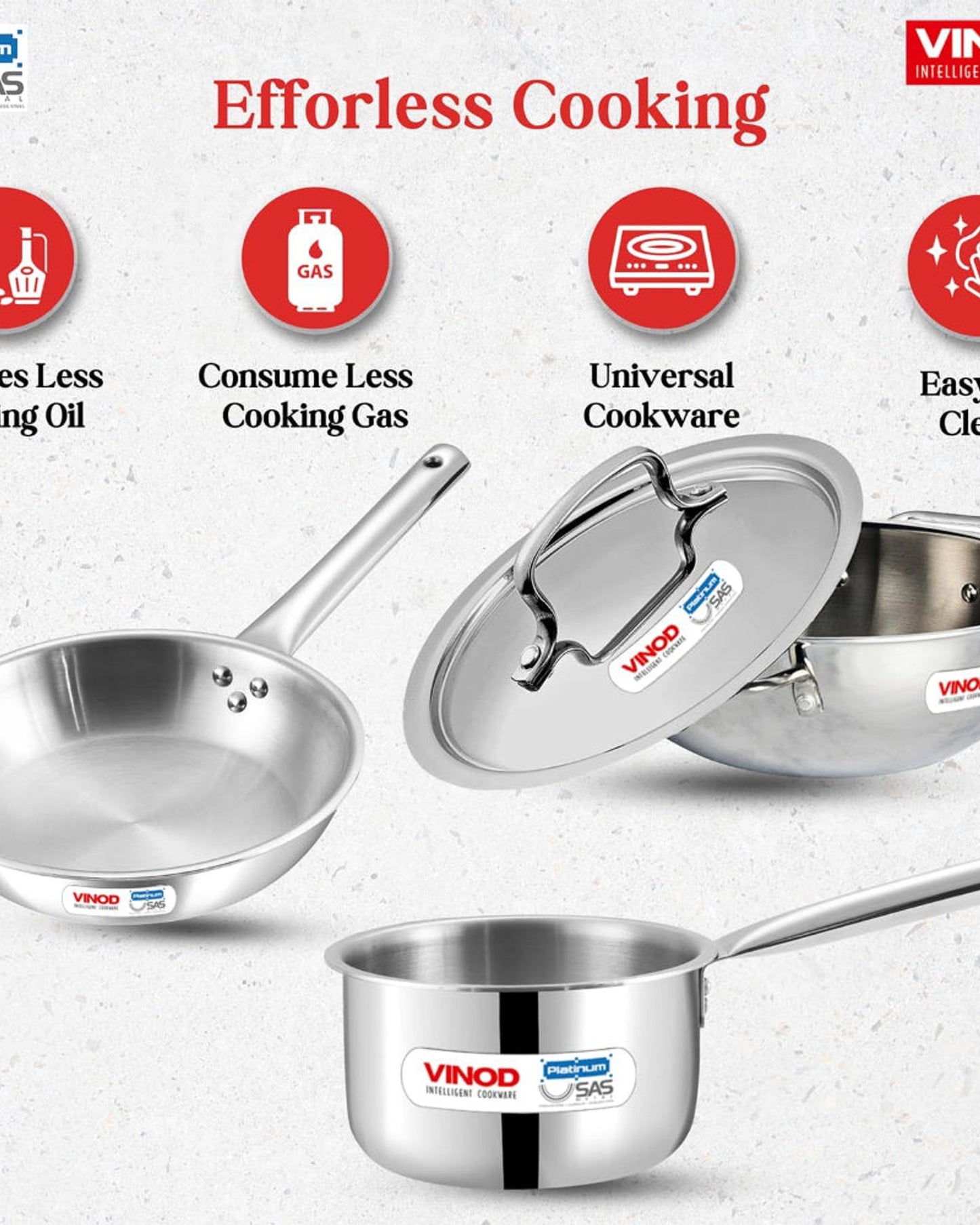 Vinod Platinum Triply Stainless Steel Cookware Set - 4 Pc, Kadai (24cm, 3.3l), Frypan (24cm, 2.2L) with Common Lid, Saucepan (16 cm, 1.6L)