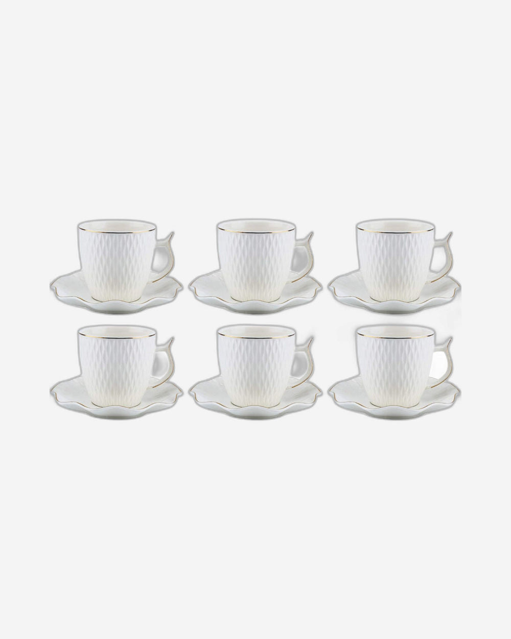 Shallow Bone China Coffee Cup and Saucer Set, 12-Piece – White/Gold, 90ml