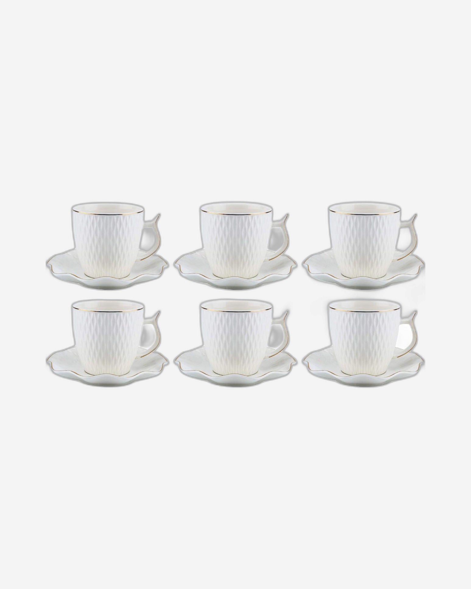 Shallow Bone China Coffee Cup and Saucer Set, 12-Piece – White/Gold, 90ml