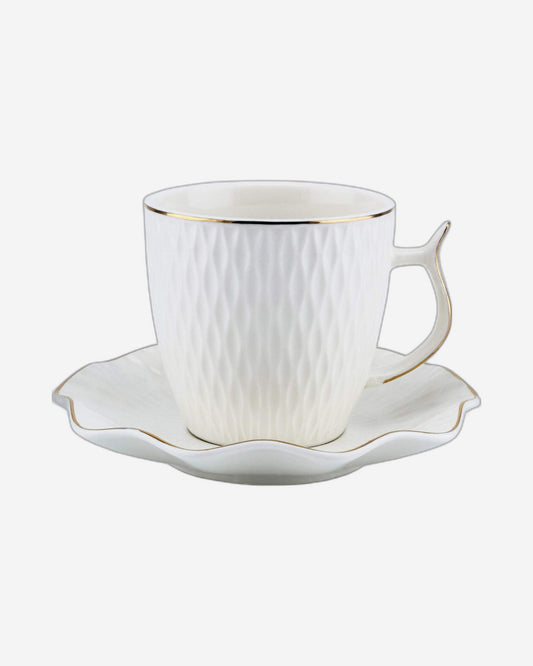Shallow Bone China Coffee Cup and Saucer Set, 12-Piece – White/Gold, 90ml