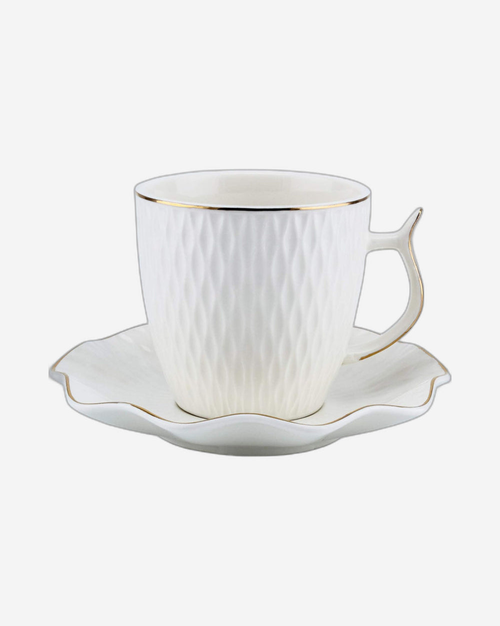 Shallow Bone China Coffee Cup and Saucer Set, 12-Piece – White/Gold, 90ml