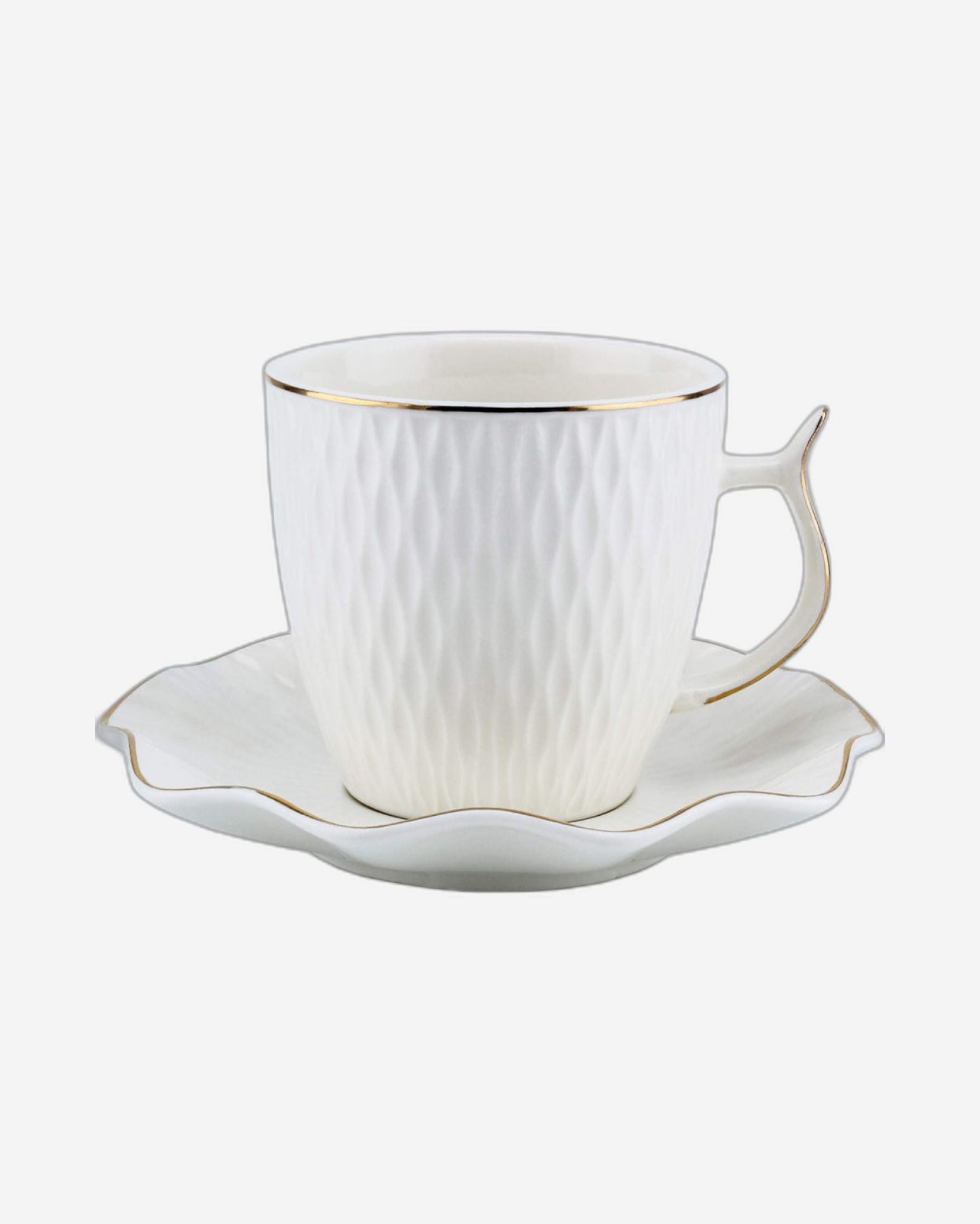Shallow Bone China Coffee Cup and Saucer Set, 12-Piece – White/Gold, 90ml