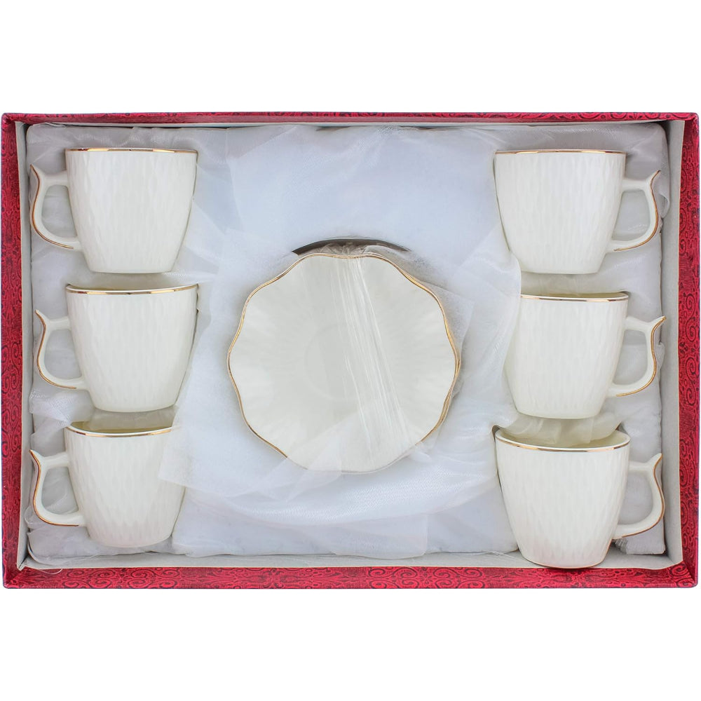 Shallow Bone China Coffee Cup and Saucer Set, 12-Piece – White/Gold, 90ml