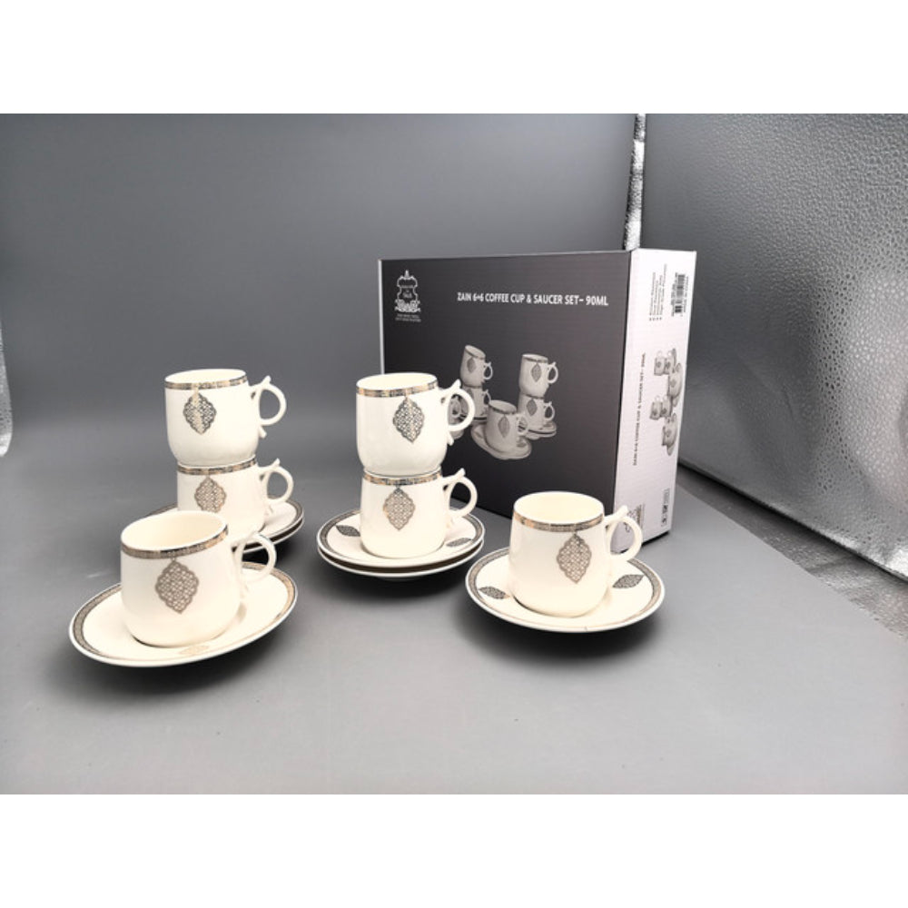 Shallow Porcelain Zain Coffee Cup & Saucer Set, 90ml (6 Cups, 6 Saucer, White)
