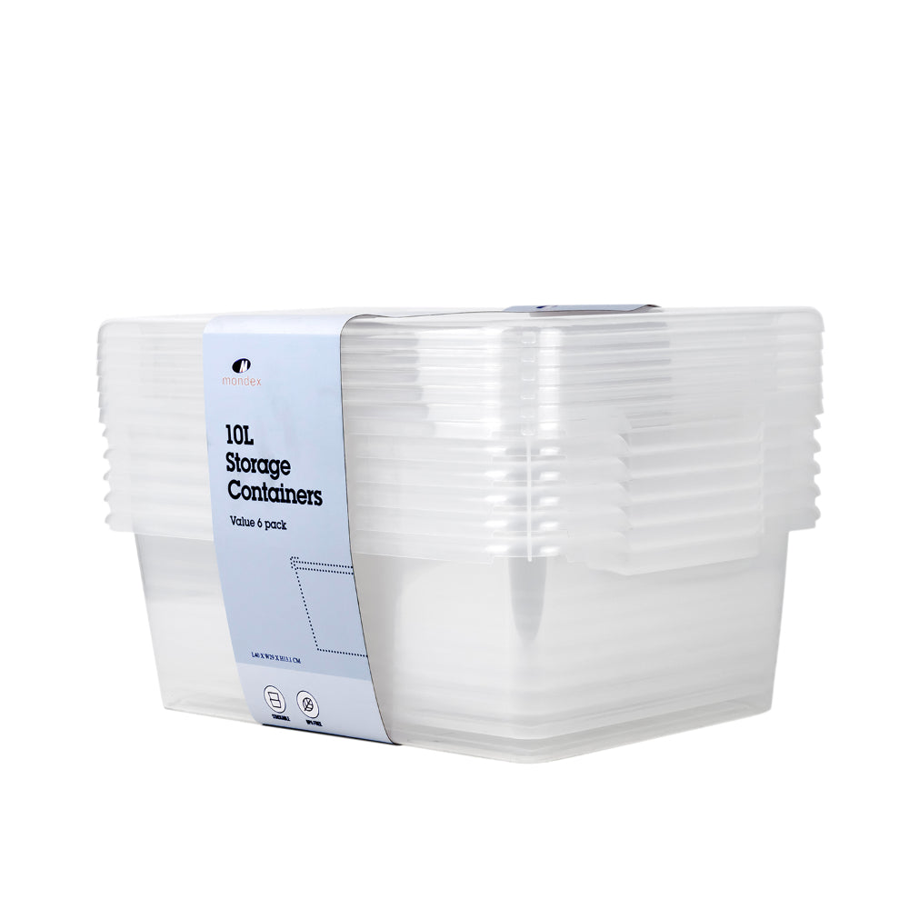 Mondex 6 Piece Polypropylene Storage Box Set - 10L Capacity Each - Transparent