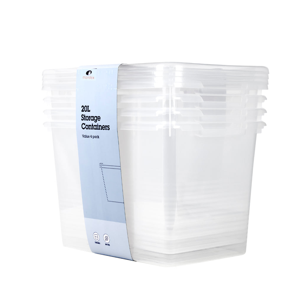 Mondex 4 Piece Polypropylene Storage Box Set - 20L Capacity Each - Transparent
