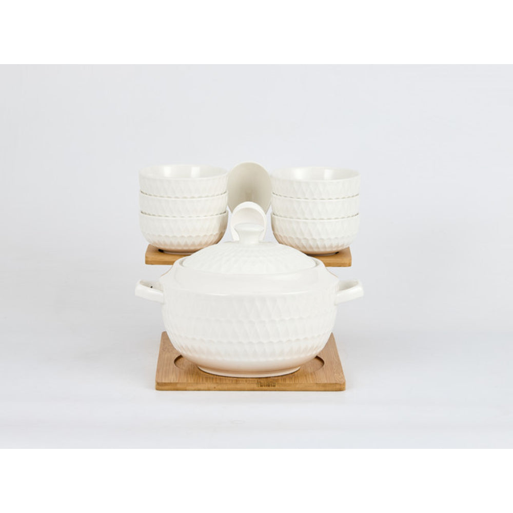 Shallow Porcelain Bamboo 1 Soup Pot, 1 Soup Spoon, 6 Bowls & 6 Spoons with Stand, White & Brown
