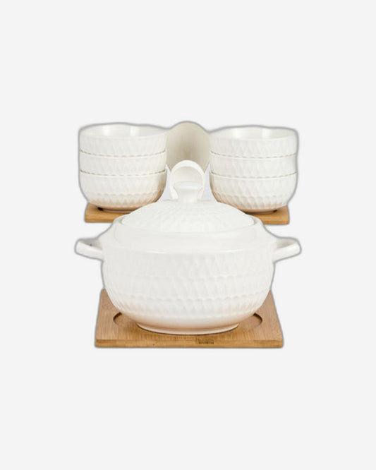 Shallow Porcelain Bamboo 1 Soup Pot, 1 Soup Spoon, 6 Bowls & 6 Spoons with Stand, White & Brown