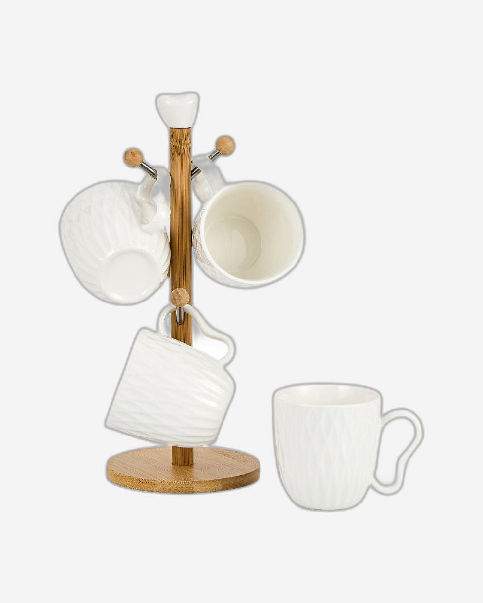 Shallow Elegant Porcelain Bamboo 4 Mug Set with Stand, 300ml