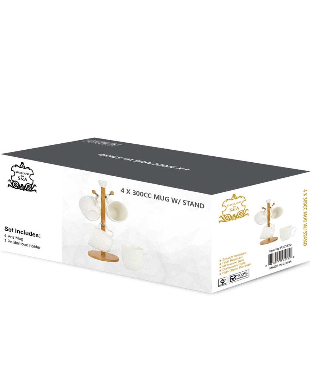 Shallow Elegant Porcelain Bamboo 4 Mug Set with Stand, 300ml