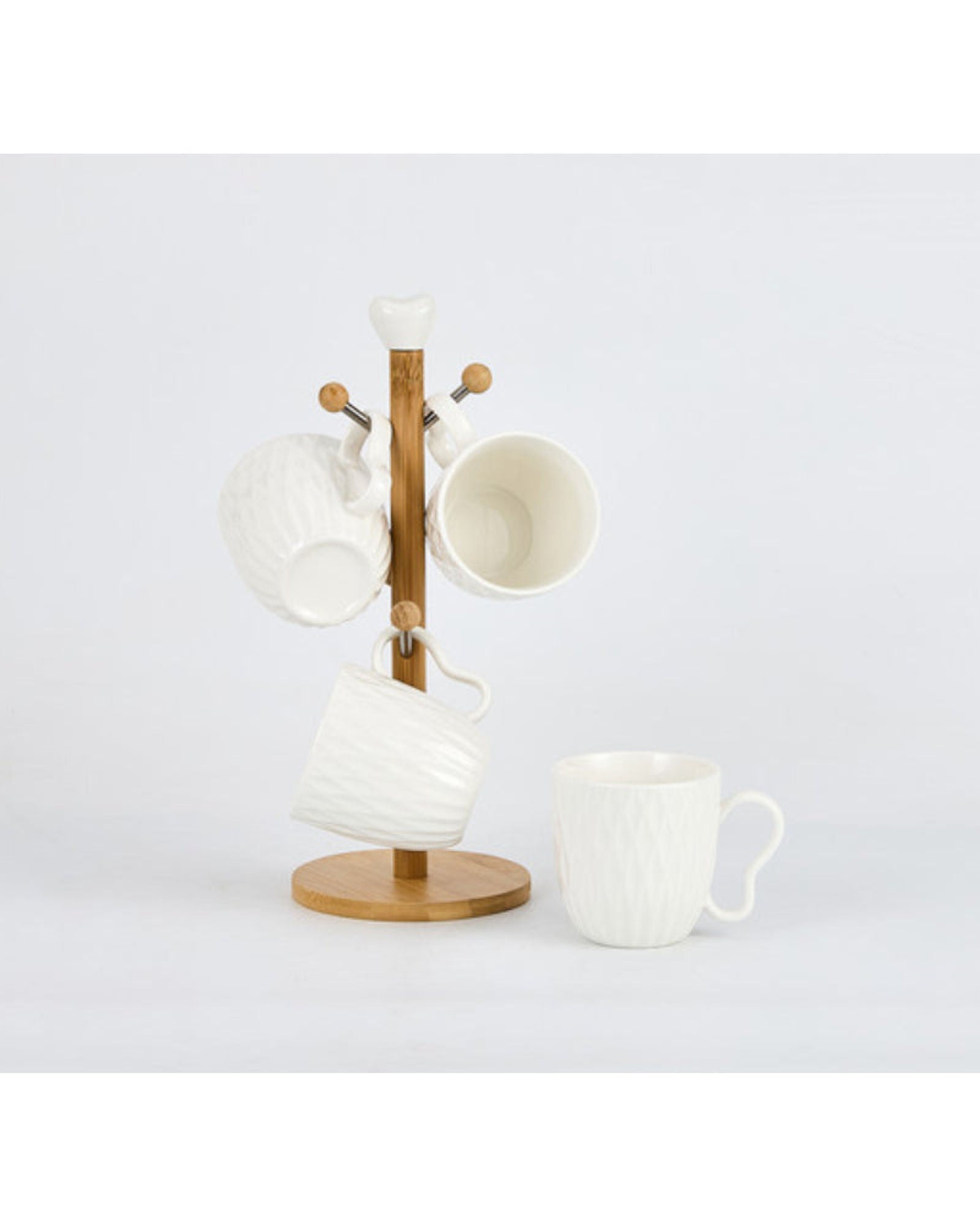 Shallow Elegant Porcelain Bamboo 4 Mug Set with Stand, 300ml