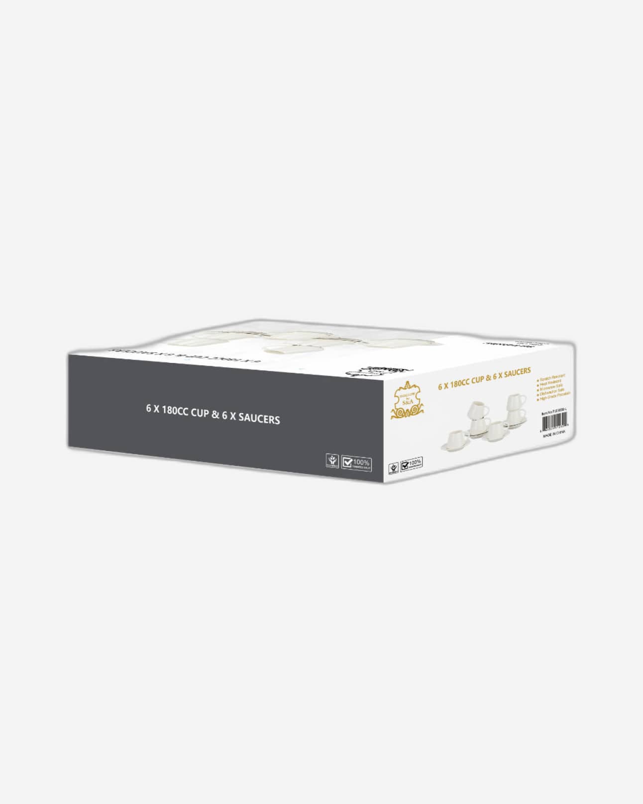 Shallow Elegant Porcelain 6 Cup & 6 Saucer Set, 180ml