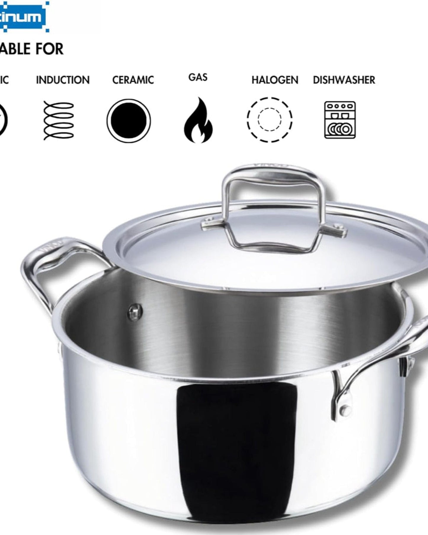 Vinod Platinum Triply Stainless Steel Saucepot with Lid- 26 cm, 6.8 Litre, Silver (Induction Friendly, Non Stick)