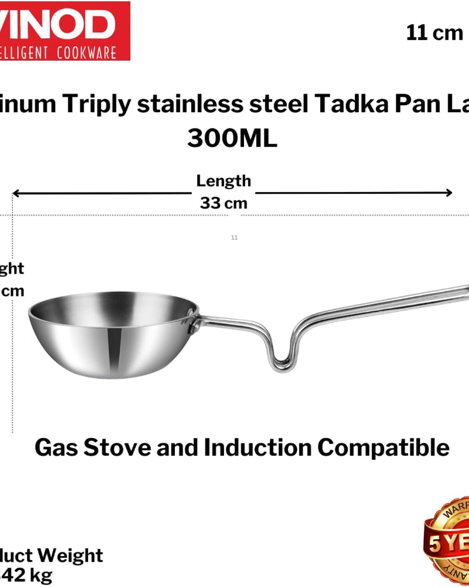Vinod Platinum Triply Stainless Steel Tadka Pan - Large, 11cm, Silver