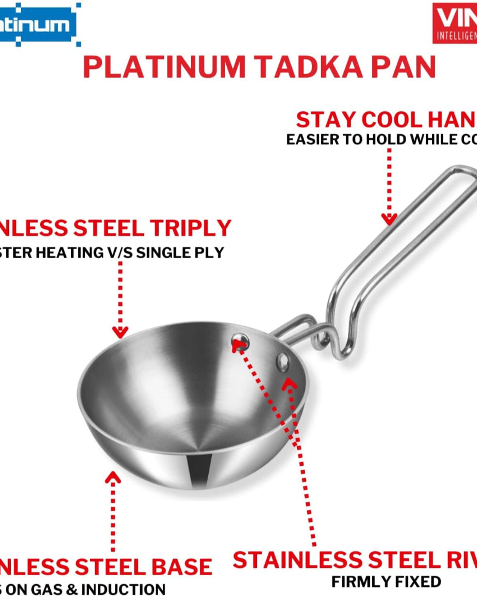 Vinod Platinum Triply Stainless Steel Tadka Pan - Large, 11cm, Silver