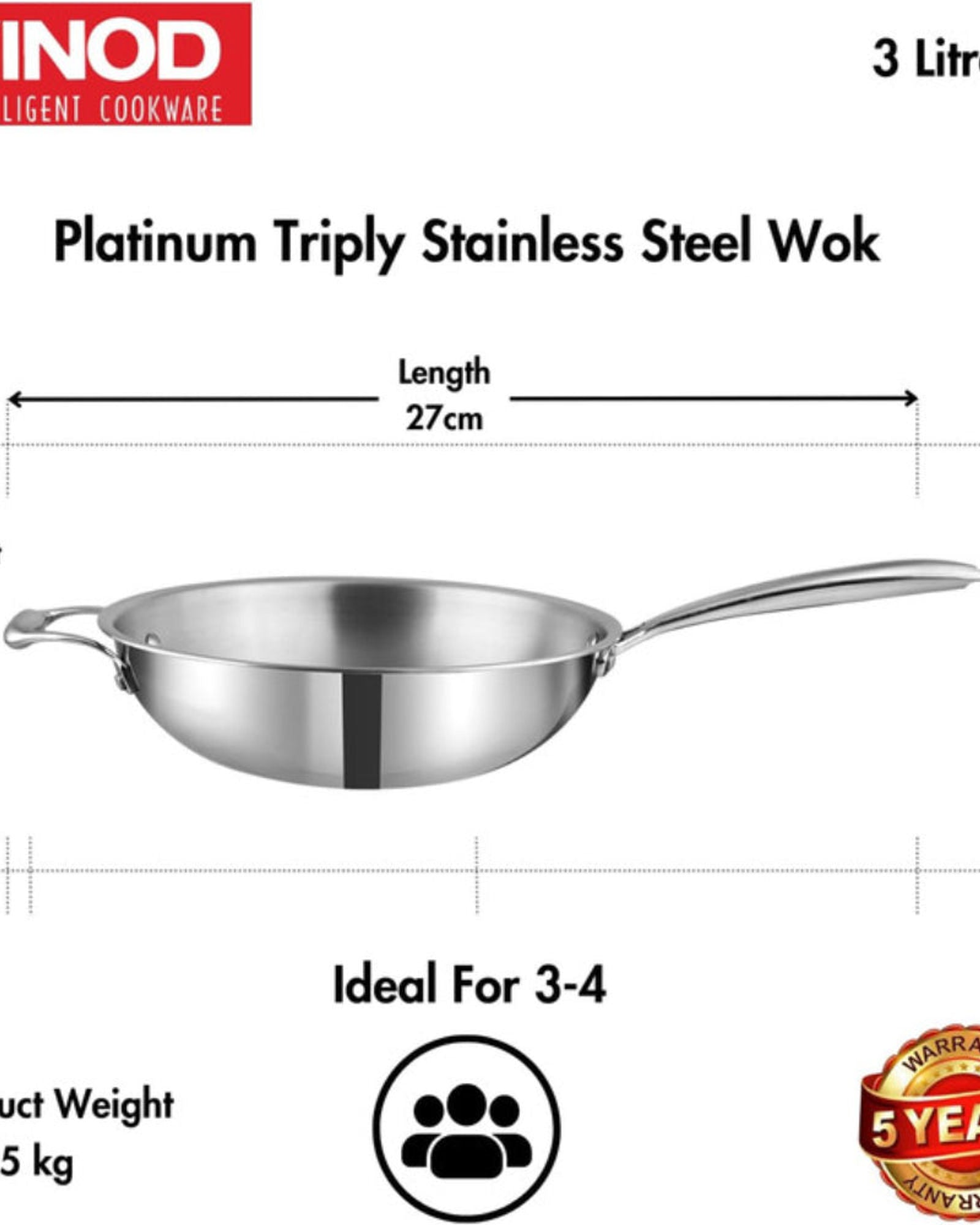Vinod Platinum Triply Stainless Steel Wok with Riveted Sturdy Handle -26cm, 3 Liters, Silver (Induction Friendly)