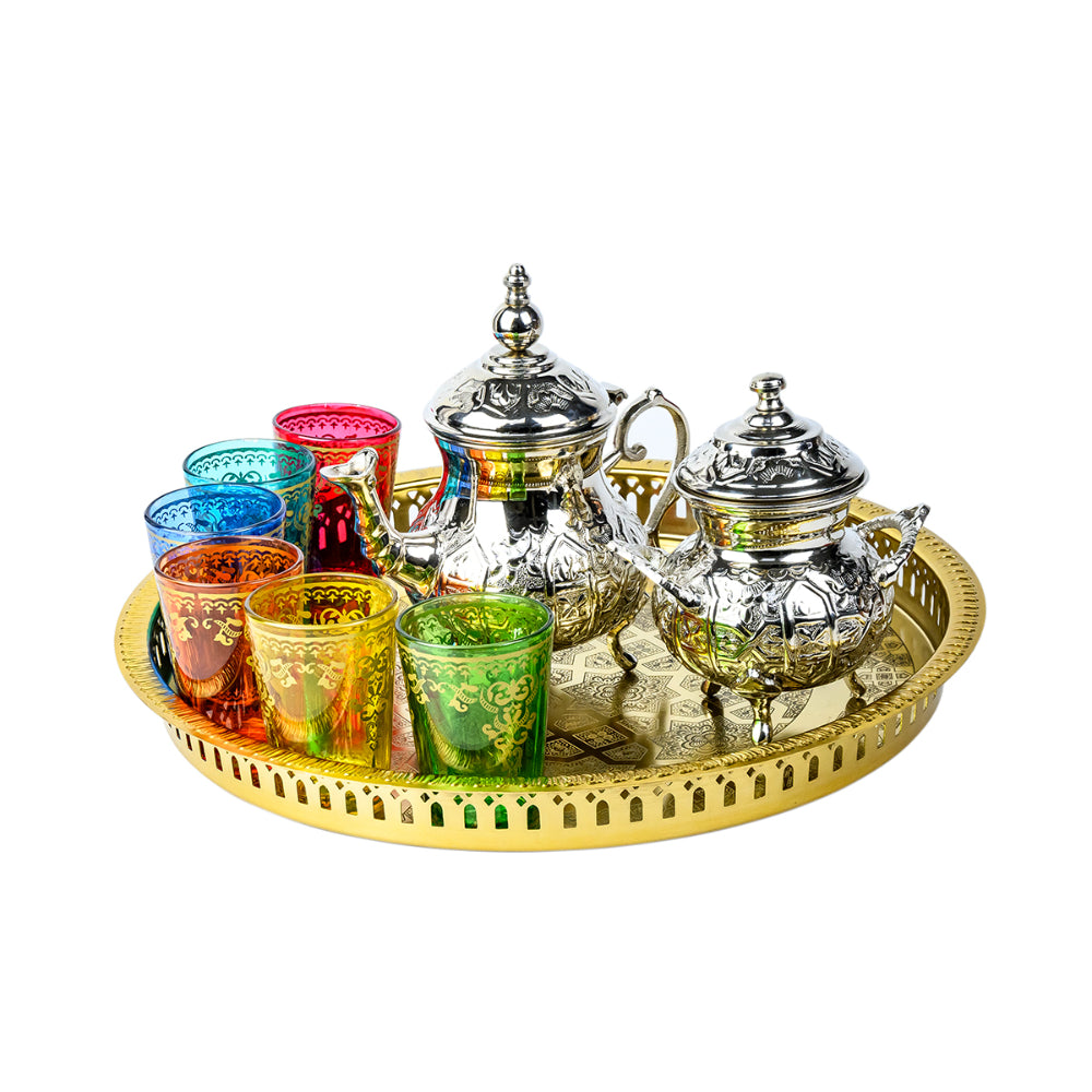 Cuisine Art Moroccan Brass Arwa Teaset with Gold Tray - 9 Pieces