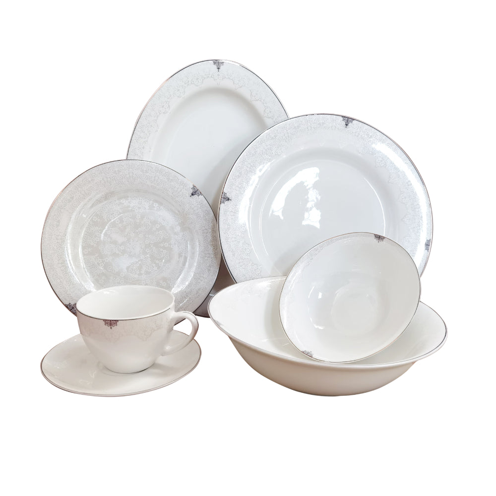 Shallow New Bone China Dinner Set - Laila, 32 Pieces, White