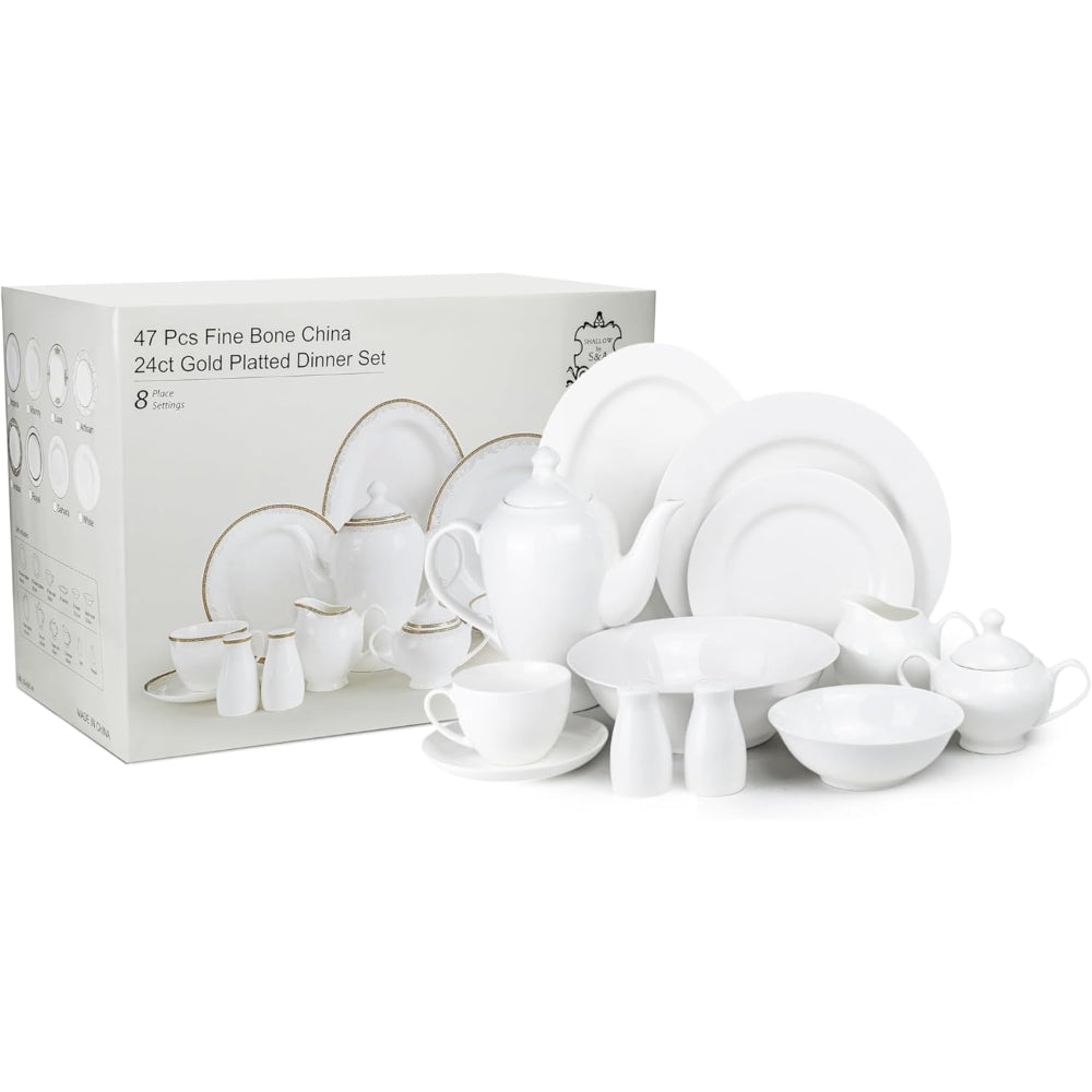 Shallow Bone China Gold Plated Dinner Set - 47 Pieces, White