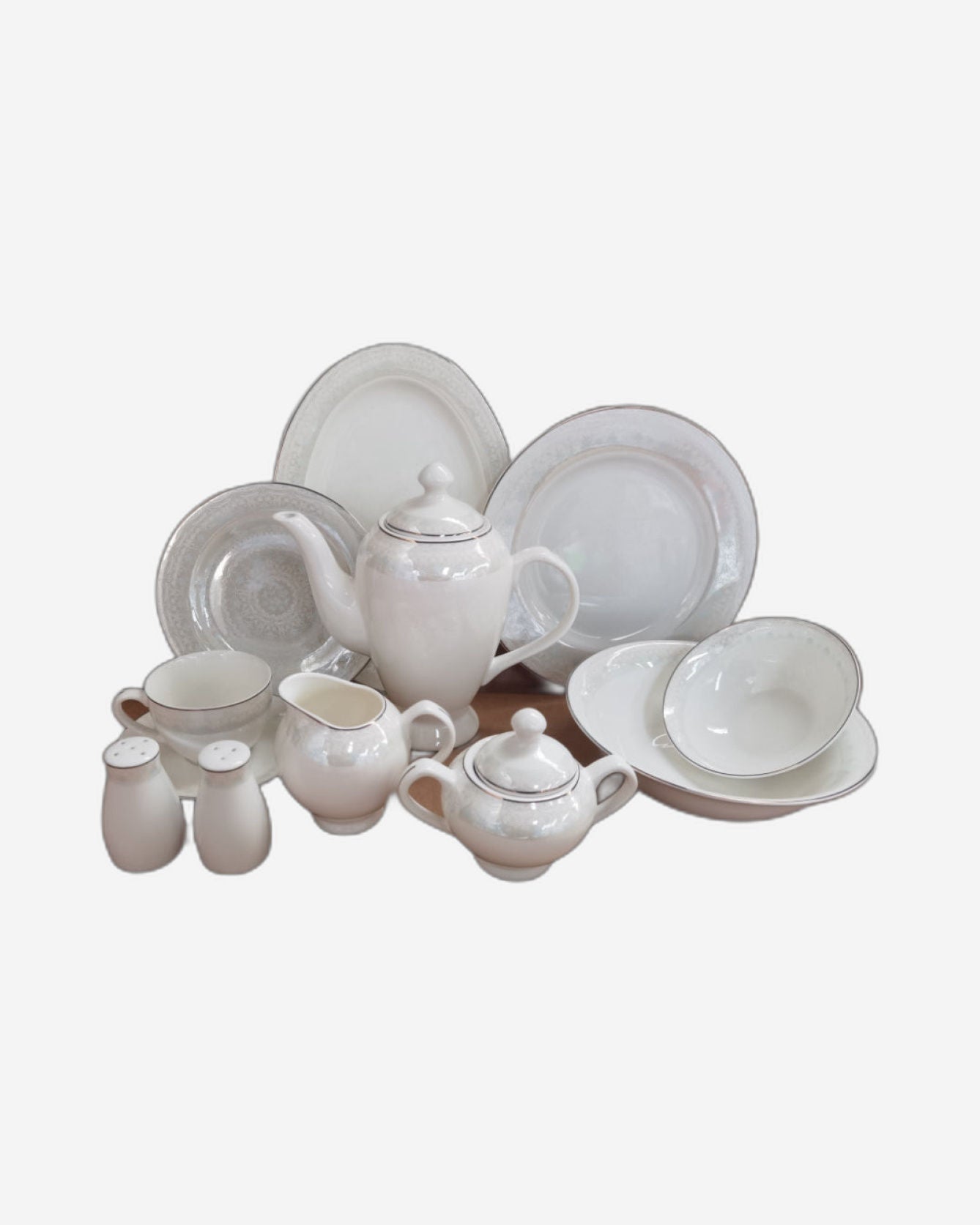Shallow New Bone China Dinner Set - Diva, 47 Pieces, White