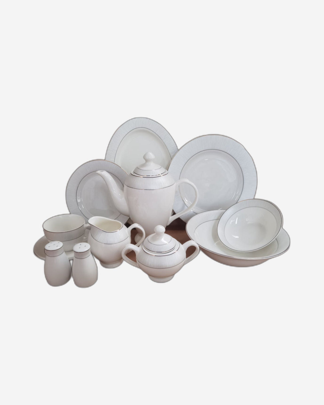 Shallow New Bone China Dinner Set - Feliz, 47 Pieces, White