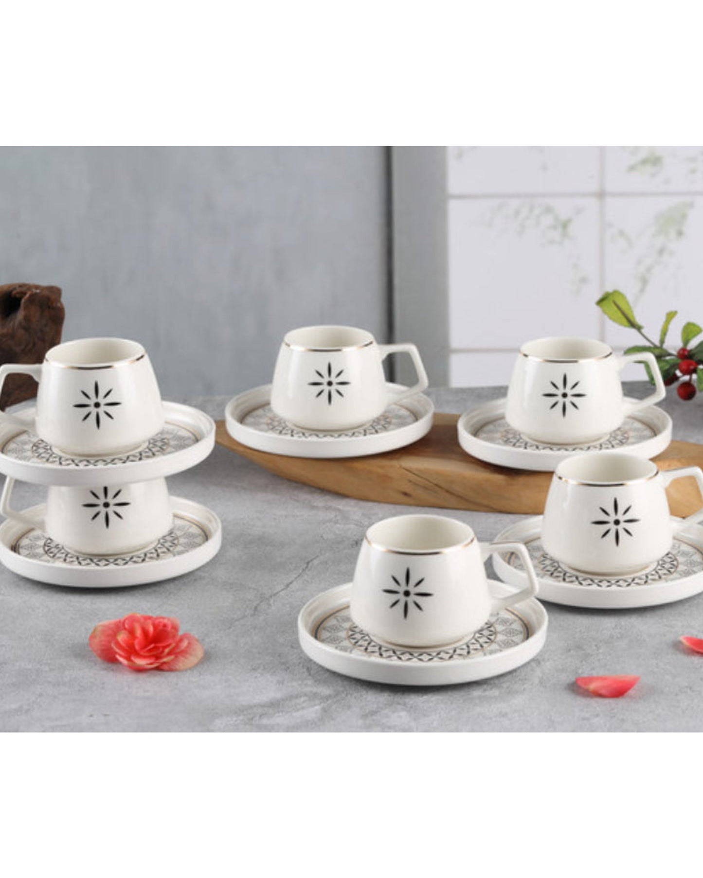 Shallow New Bone China Alfi Coffee Cup & Saucer Set, 100ml (White, 6 Cups, 6 Saucer)