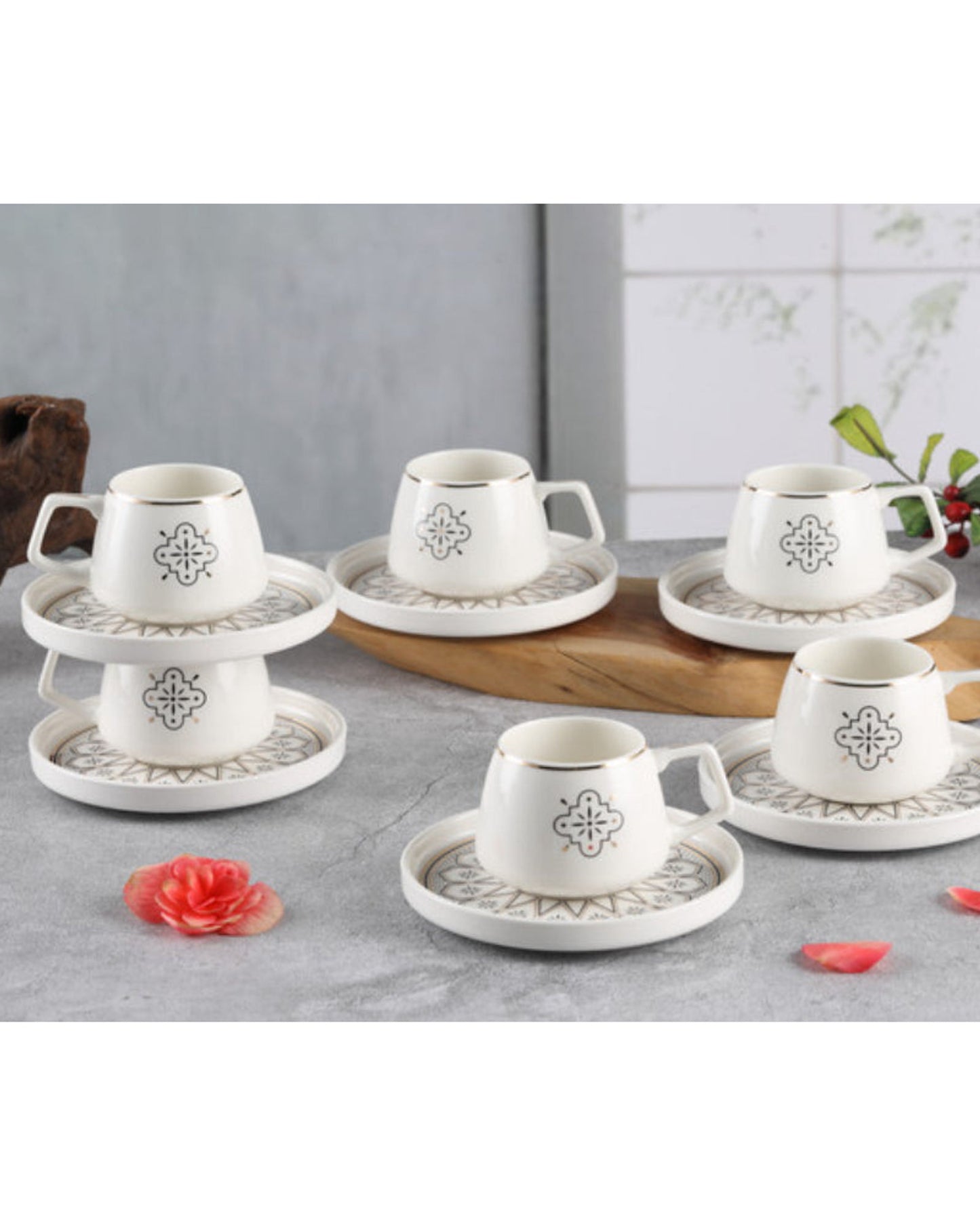 Shallow New Bone China Huma Coffee Cup & Saucer Set, 100ml (White, 6 Cups, 6 Saucer)