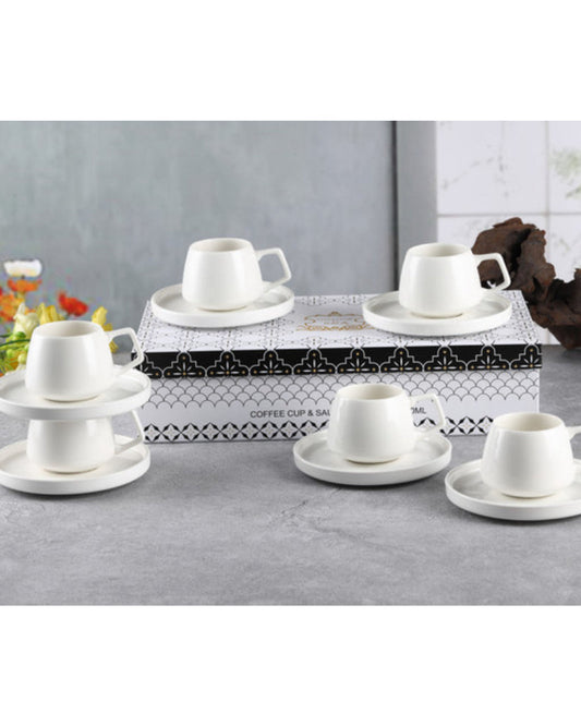 Shallow New Bone China EMA Coffee Cup & Saucer Set, 100ml (White, 6 Cups, 6 Saucer)