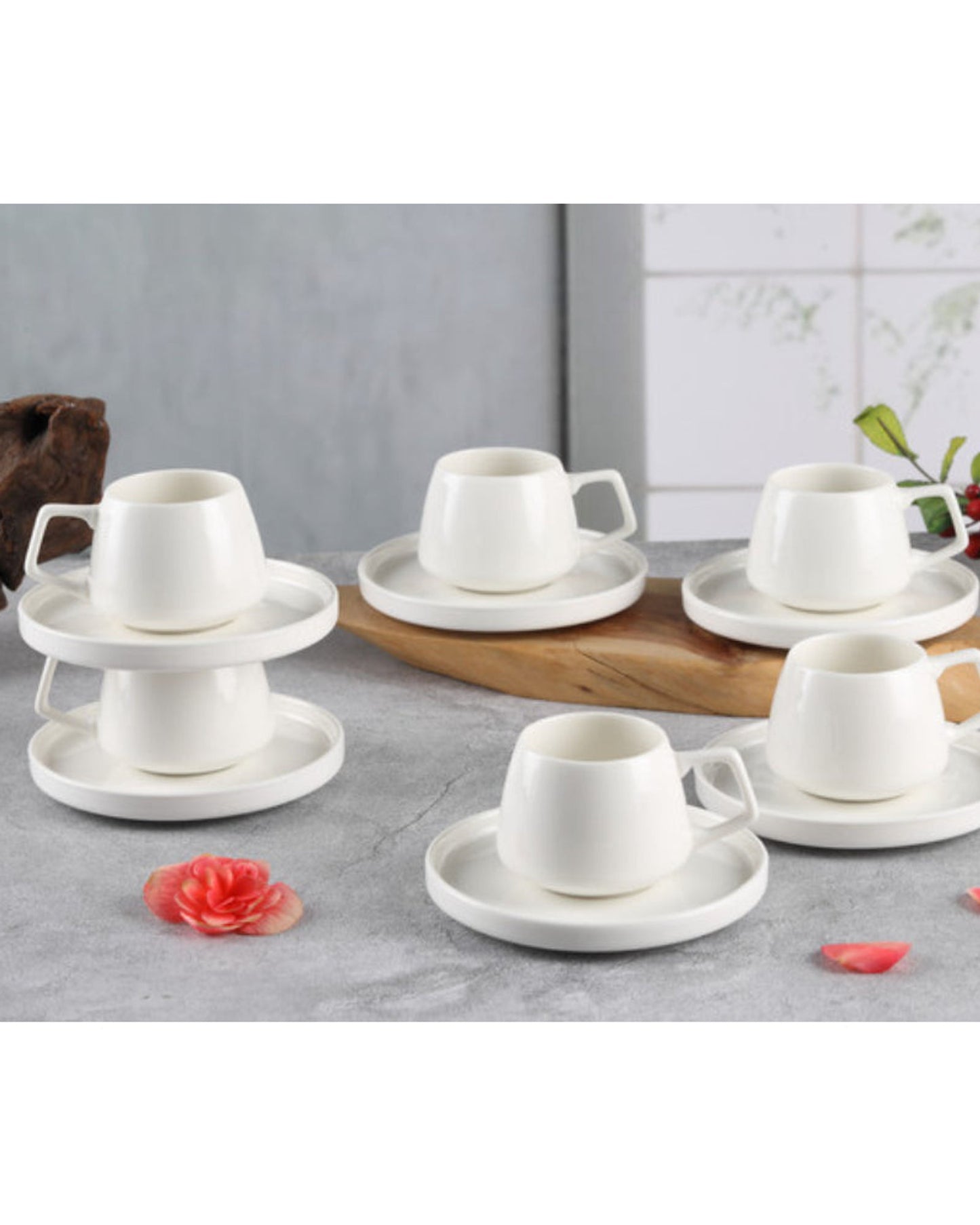 Shallow New Bone China EMA Coffee Cup & Saucer Set, 100ml (White, 6 Cups, 6 Saucer)