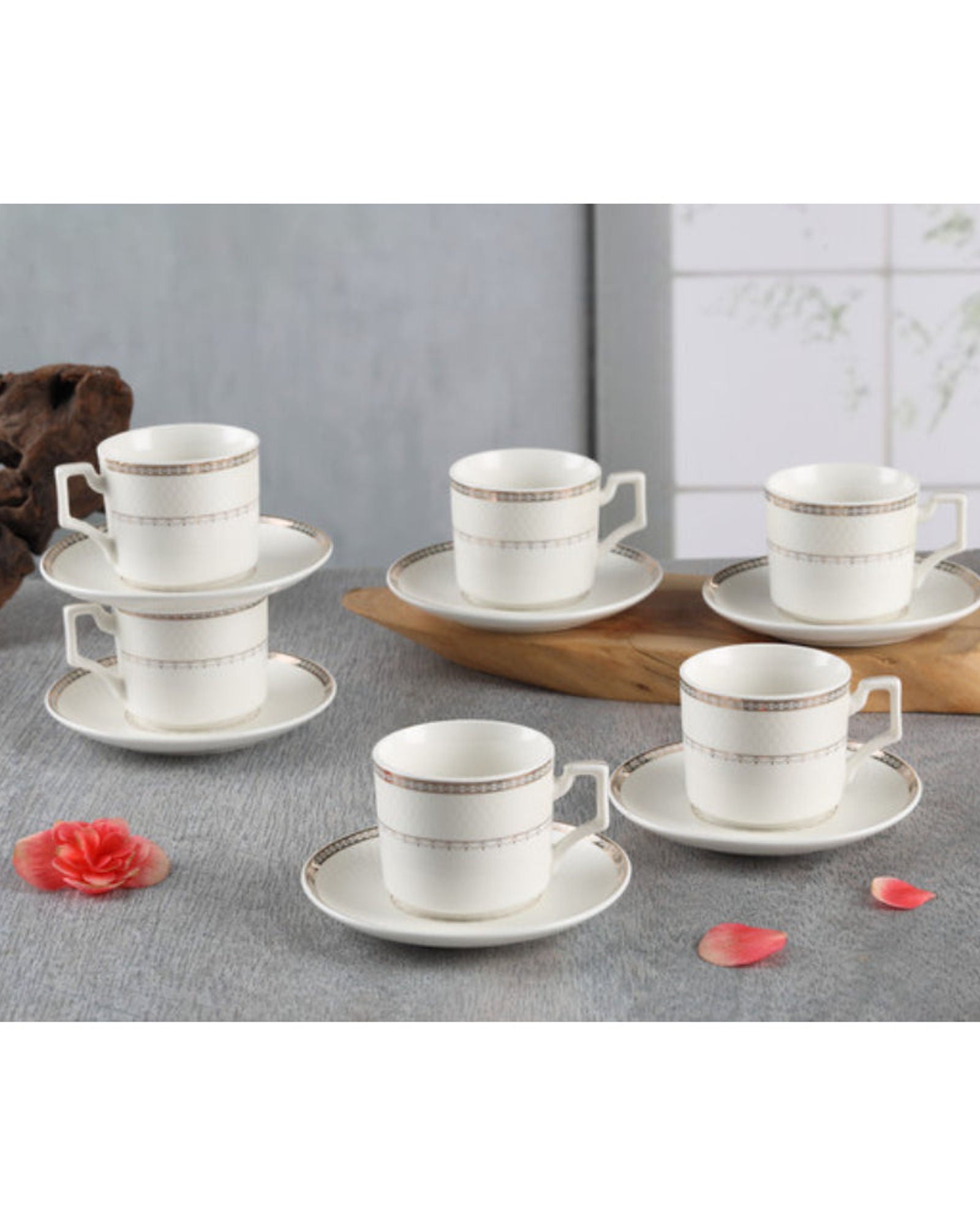Shallow New Bone China Rosa Coffee Cup & Saucer Set, 90ml (White, 6 Cups, 6 Saucer)