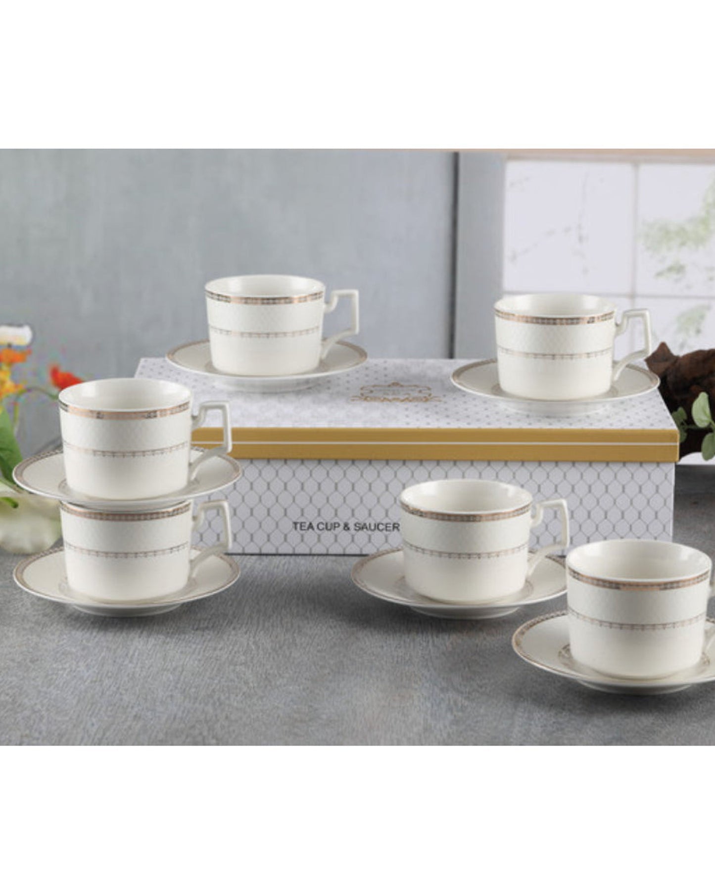 Shallow New Bone China Rosa Tea Cup & Saucer Set, 220ml (White, 6 Cups, 6 Saucer)