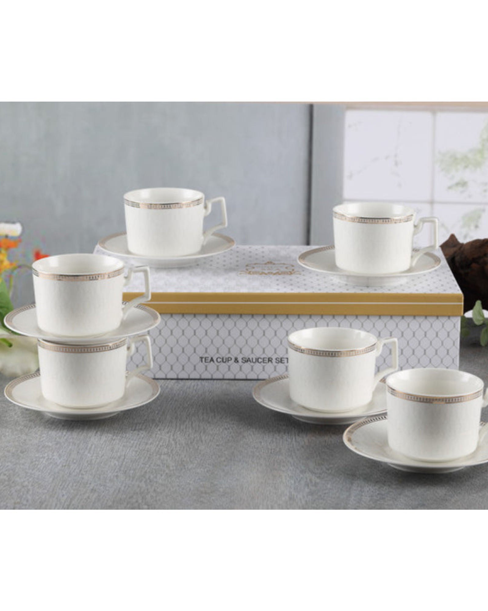 Shallow New Bone China Lara Tea Cup & Saucer Set, 220ml (White, 6 Cups, 6 Saucer)