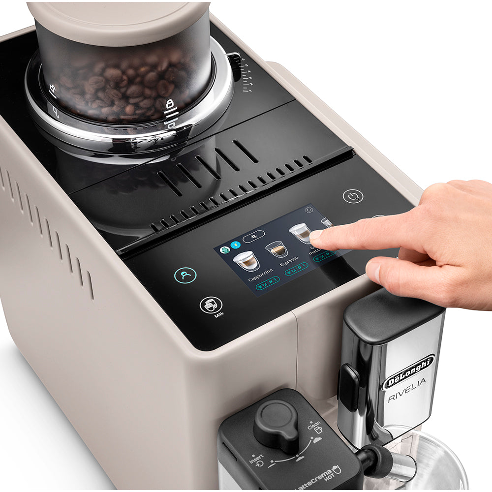 De'Longhi Rivelia EXAM.440.55.BG Fully Automatic Coffee Machine – LatteCrema Hot, Automatic Milk Frother, Bean-to-Cup, 16 Coffee Recipes, Compact Design, Full Touch Color Display –Sand Beige