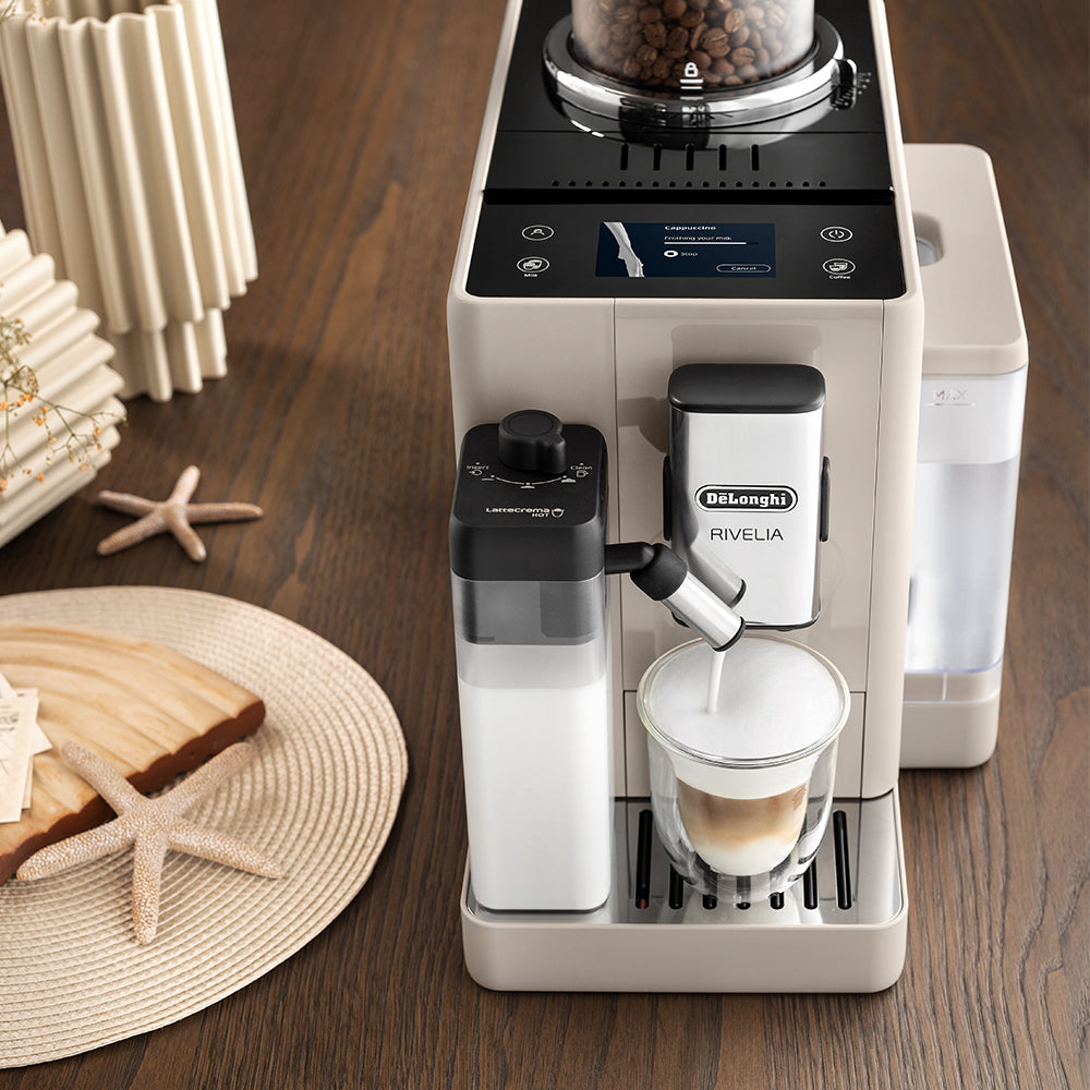 De'Longhi Rivelia EXAM.440.55.BG Fully Automatic Coffee Machine – LatteCrema Hot, Automatic Milk Frother, Bean-to-Cup, 16 Coffee Recipes, Compact Design, Full Touch Color Display –Sand Beige