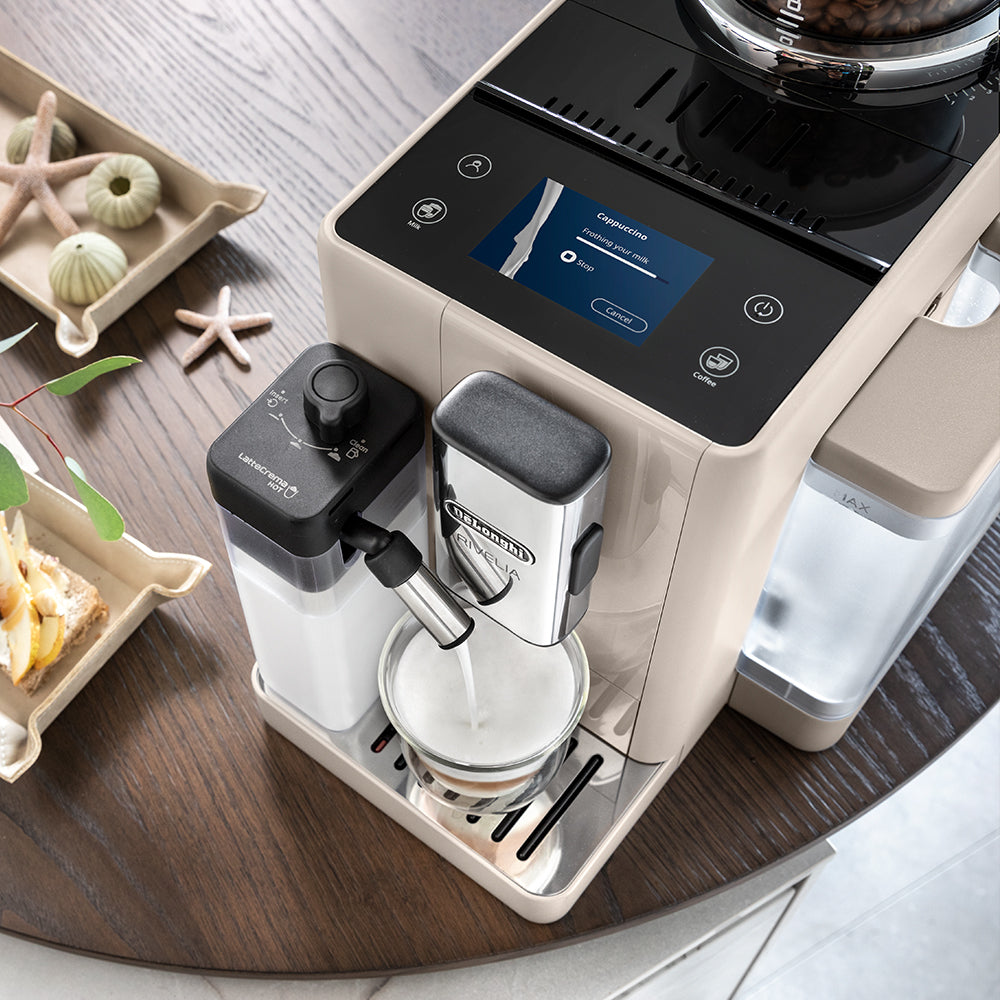De'Longhi Rivelia EXAM.440.55.BG Fully Automatic Coffee Machine – LatteCrema Hot, Automatic Milk Frother, Bean-to-Cup, 16 Coffee Recipes, Compact Design, Full Touch Color Display –Sand Beige