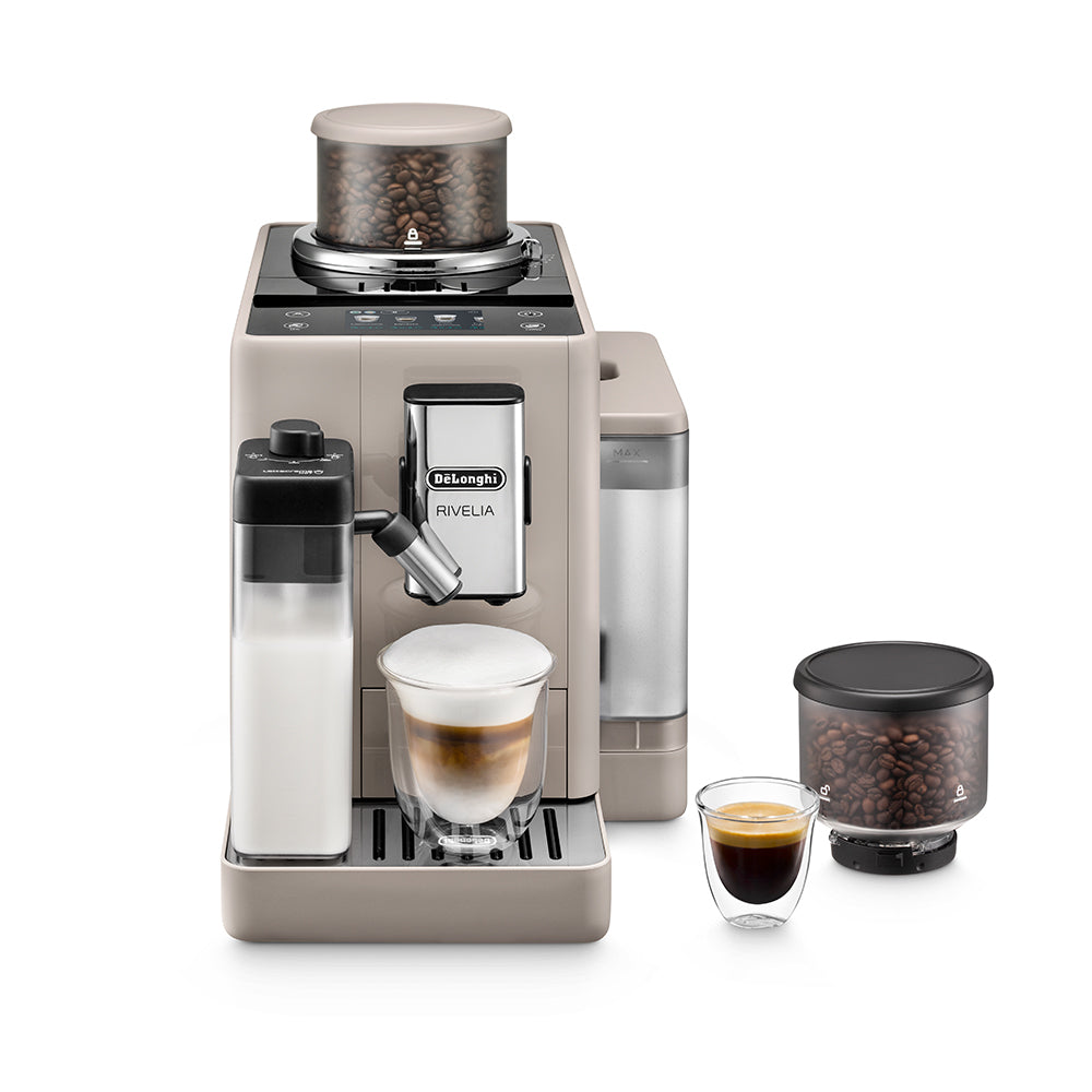 De'Longhi Rivelia EXAM.440.55.BG Fully Automatic Coffee Machine – LatteCrema Hot, Automatic Milk Frother, Bean-to-Cup, 16 Coffee Recipes, Compact Design, Full Touch Color Display –Sand Beige