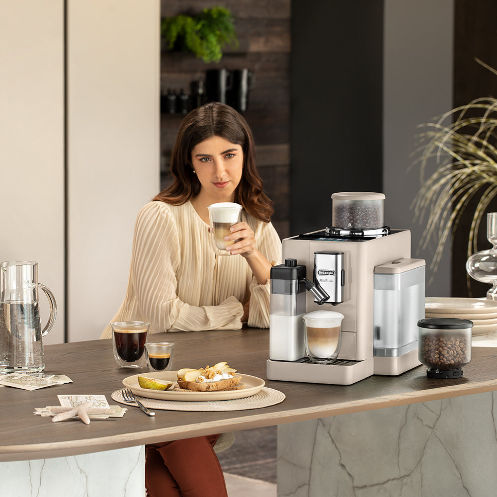 De'Longhi Rivelia EXAM.440.55.BG Fully Automatic Coffee Machine – LatteCrema Hot, Automatic Milk Frother, Bean-to-Cup, 16 Coffee Recipes, Compact Design, Full Touch Color Display –Sand Beige