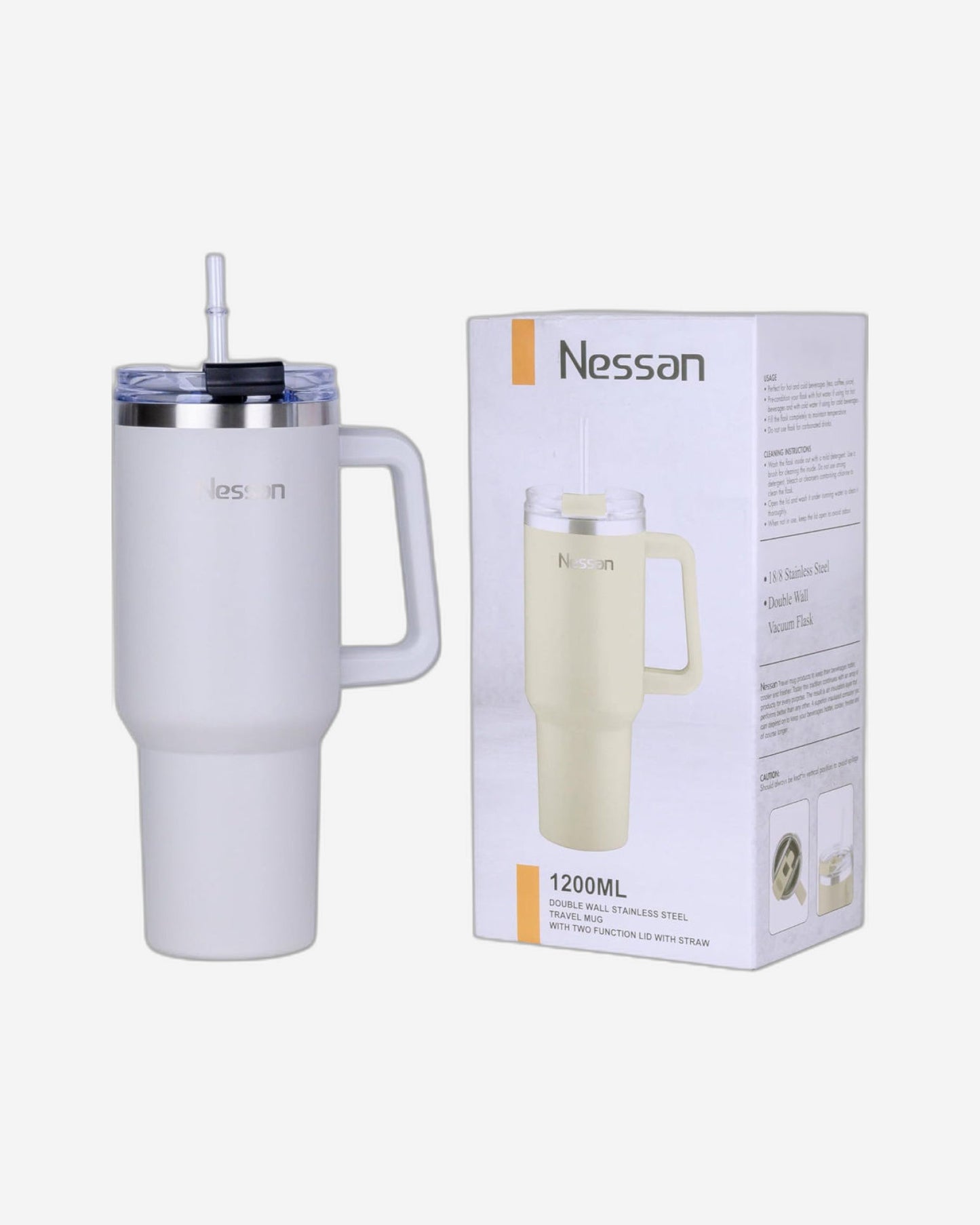 Nessan Double Wall Stainless Steel Vacuum Insulated Travel Mug Tumbler with Dual Function Lid and Straw for Water, Iced Tea or Hot Coffee, Smoothie and More (Beige, 1200ml)
