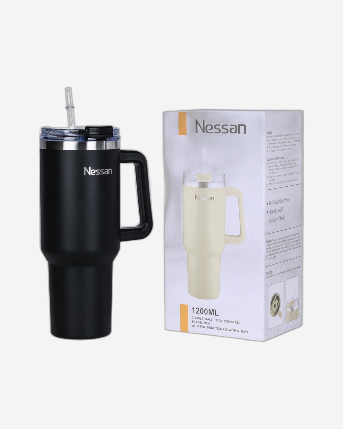 Nessan Double Wall Stainless Steel Vacuum Insulated Travel Mug Tumbler with Dual Function Lid and Straw for Water, Iced Tea or Hot Coffee, Smoothie and More (Black, 1200ml)